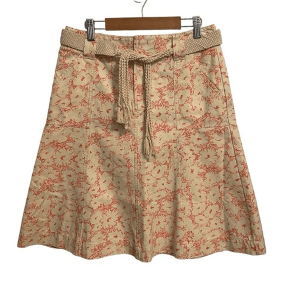 Eddie Bauer Womens A-Line Skirt Size 2 Coral Floral Cotton Twill with Rope Belt